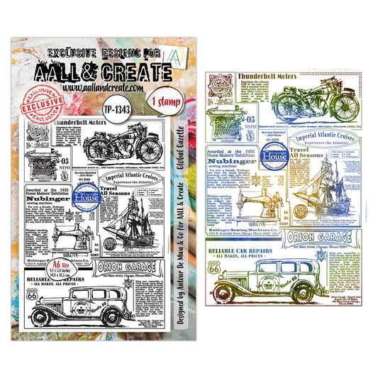 Stamp with vintage vehicle illustrations and text on a colorful background