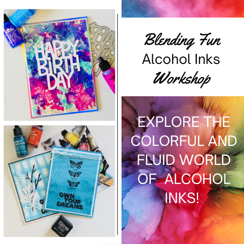 Collage of alcohol ink art projects with text promoting a blending fun workshop.