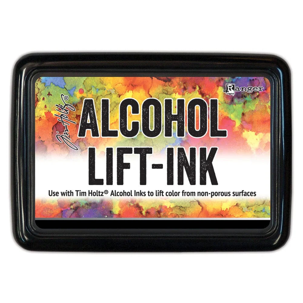 Alcohol lift-ink pad with colorful background and text on a white background