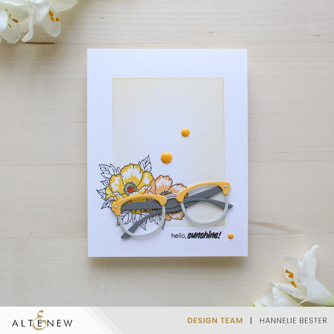 Card with sunglasses and flowers on a light background, featuring the Altenew brand.