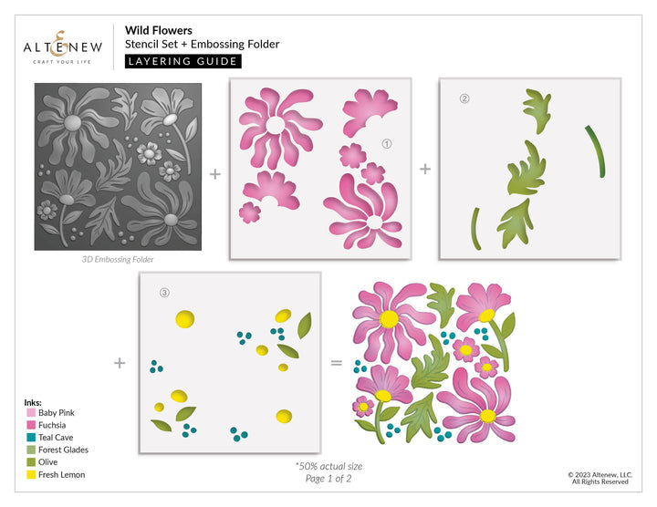 Altenew wild flower stencil layering guide on white background