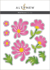 A sheet of flower-shaped dies with pink petals, yellow centers, and green stems on a white background, with the brand name Altenew visible at the top.
