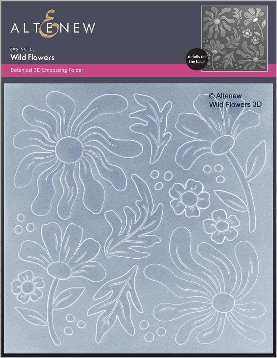 Altenew Wild Flowers 3D botanical embossing folder shown in its retail packaging, featuring a light blue folder with white embossed floral outlines and a dark gray header card.