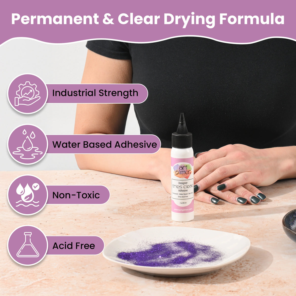 graphic with four benefits of art glitter glue permanent and clear drying formula