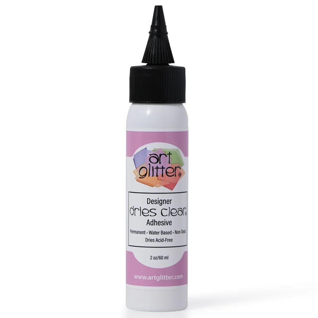 art glitter 2 oz bottle of dry clear glue in a white bottle with a black cap on a white background