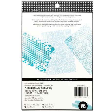 Back of a craft stencil with blue geometric pattern and American Crafts branding