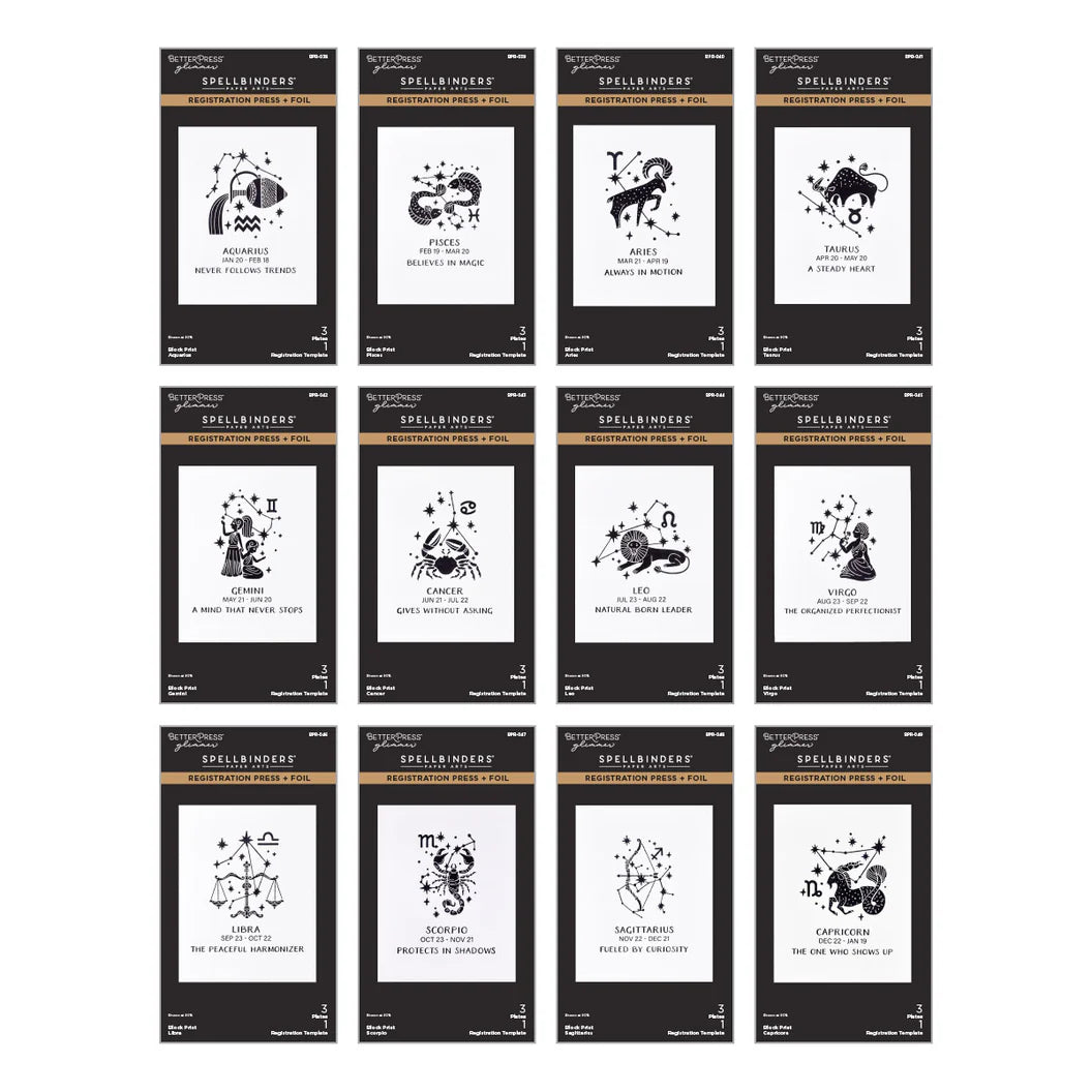 Grid of Spellbinders Zodiac betterpress templates packaging on a white background