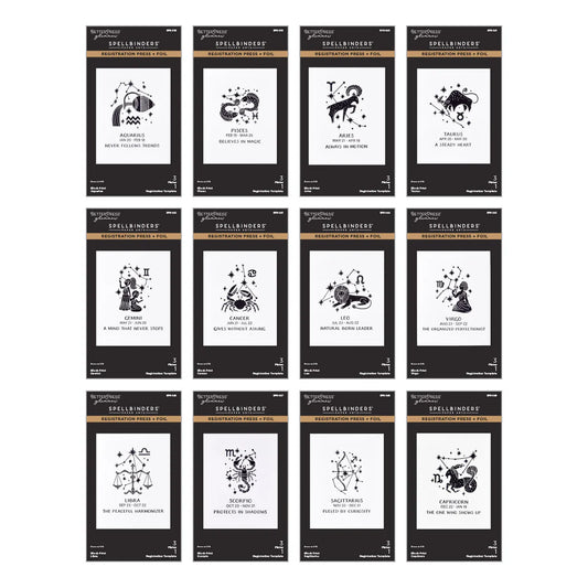 Grid of Spellbinders Zodiac betterpress templates packaging on a white background