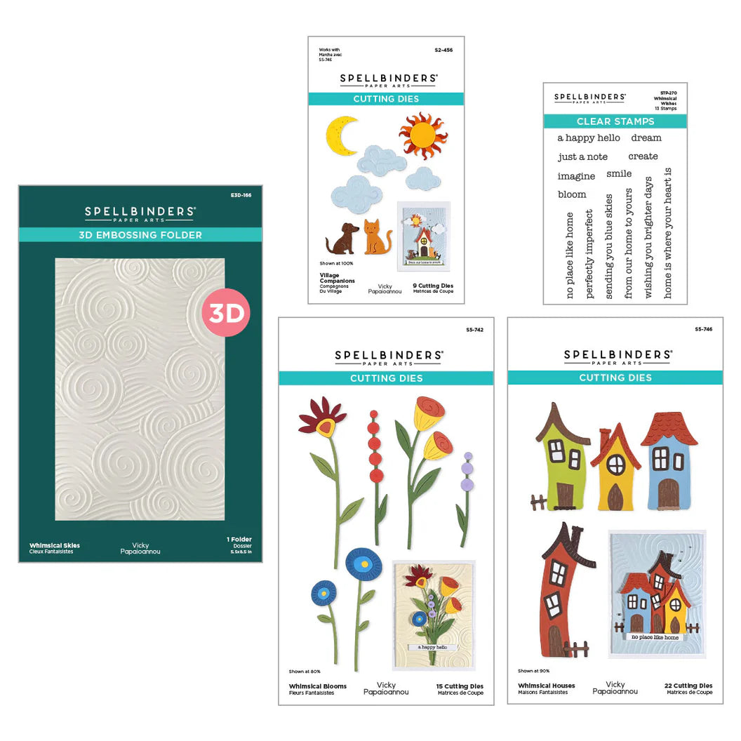 Spellbinders craft supplies including embossing folders, cutting dies, and clear stamps on a white background.