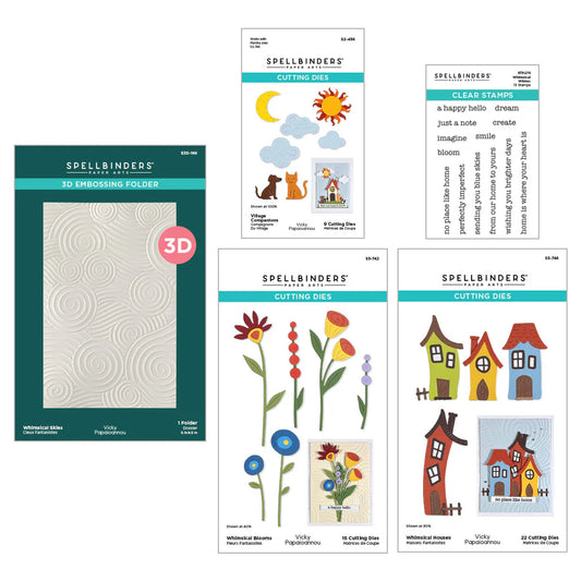 Spellbinders craft supplies including embossing folders, cutting dies, and clear stamps on a white background.