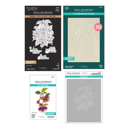 Collection of Spellbinders fuchsia collection including dies, foil plate, embossing folder, and stencils on a white background.