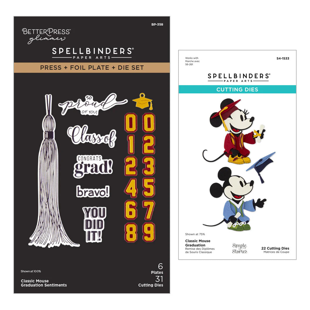 Spellbinders paper arts products including a foil plate and die set with classic mouse and graduation-themed designs.