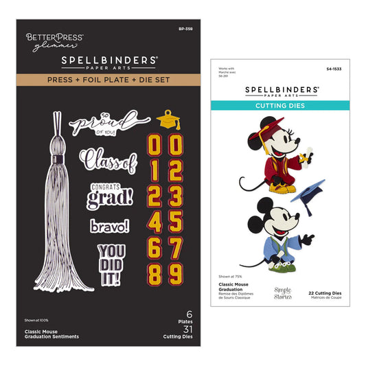 Spellbinders paper arts products including a foil plate and die set with classic mouse and graduation-themed designs.