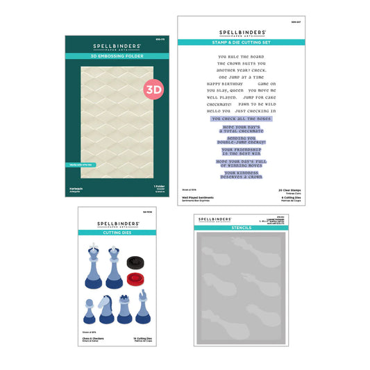 Collection of Spellbinders craft supplies including embossing folders, stamp and die cutting sets, and cutting dies on a white background.