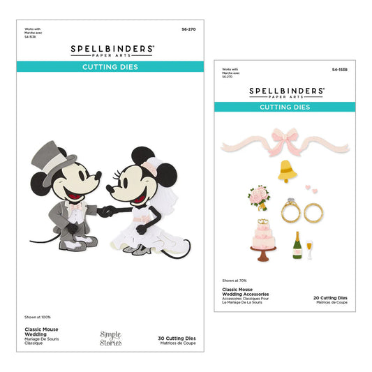 Spellbinders paper arts cutting dies with Mickey and Minnie Mouse and wedding accessories on a white background.
