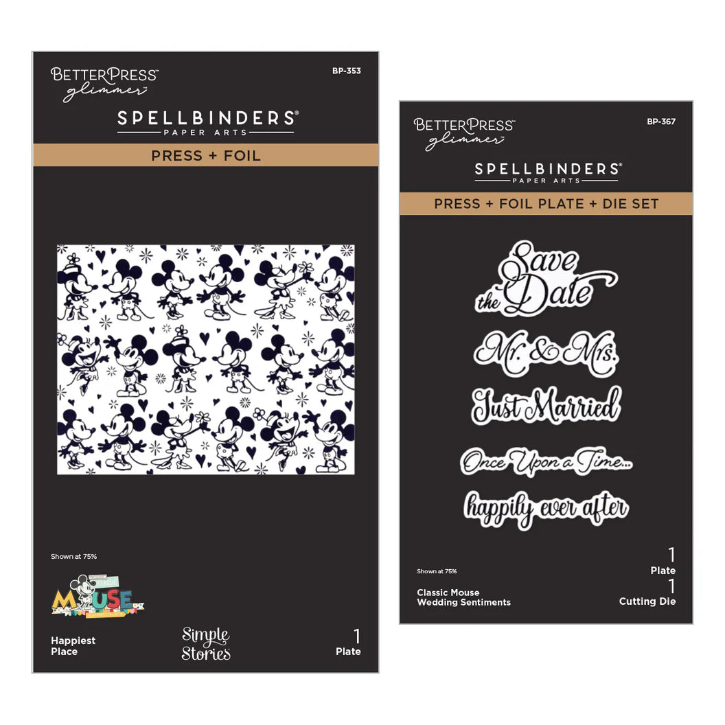 Two Spellbinders product packages with Mickey Mouse design and wedding sentiments.
