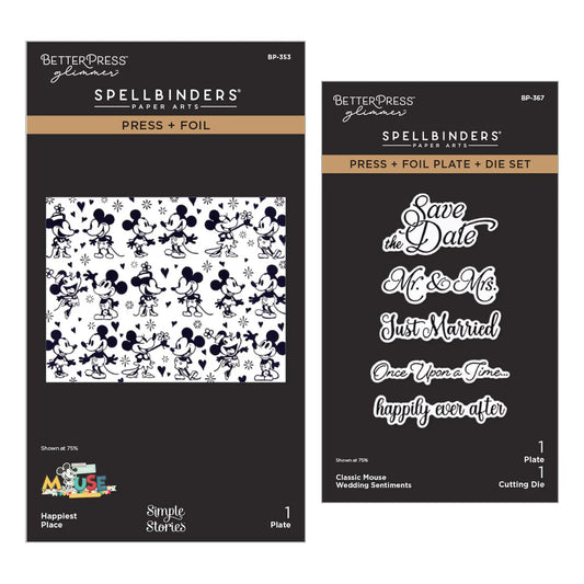 Two Spellbinders product packages with Mickey Mouse design and wedding sentiments.
