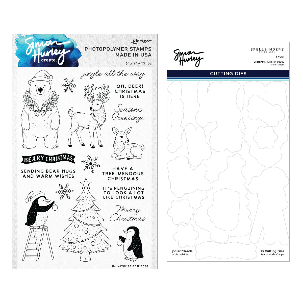 Christmas-themed stamp set and cutting dies with festive illustrations on a white background.