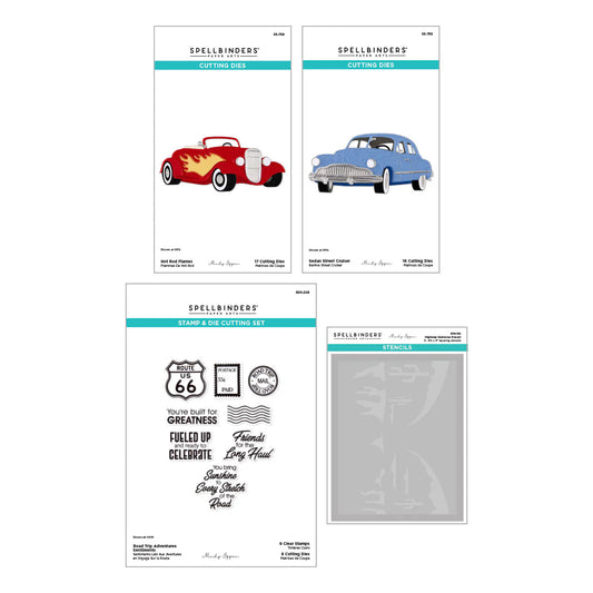 Spellbinders stamp and die cutting set with vintage car designs on a white background