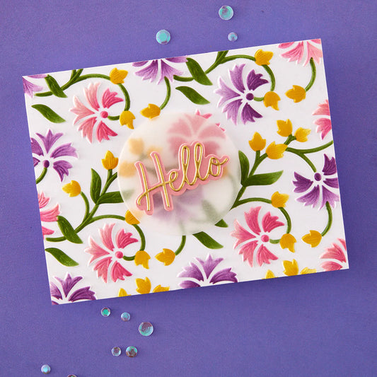 Floral card with 'Hello' text on a purple background