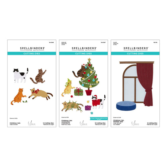 Three Spellbinders Cutting Dies product cards arranged side by side on a white background, showing different die sets: Christmas Cats, Christmas Tree, and Christmas Window.