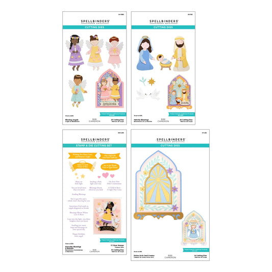 Four printed craft or activity sheets arranged in a 2x2 grid on a white background. The sheets feature colorful illustrations of angels, a nativity scene, banners, and an arched window design, with the title 'SPELLBINDERS' visible at the top of each sheet.