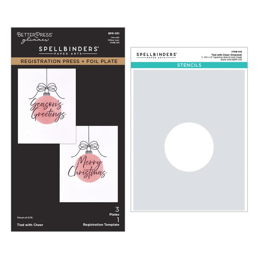 Better Press Spellbinders Registration Press and Foil Plate set shown with its retail packaging on the left and the stencil plate on the right, featuring holiday greeting card designs.