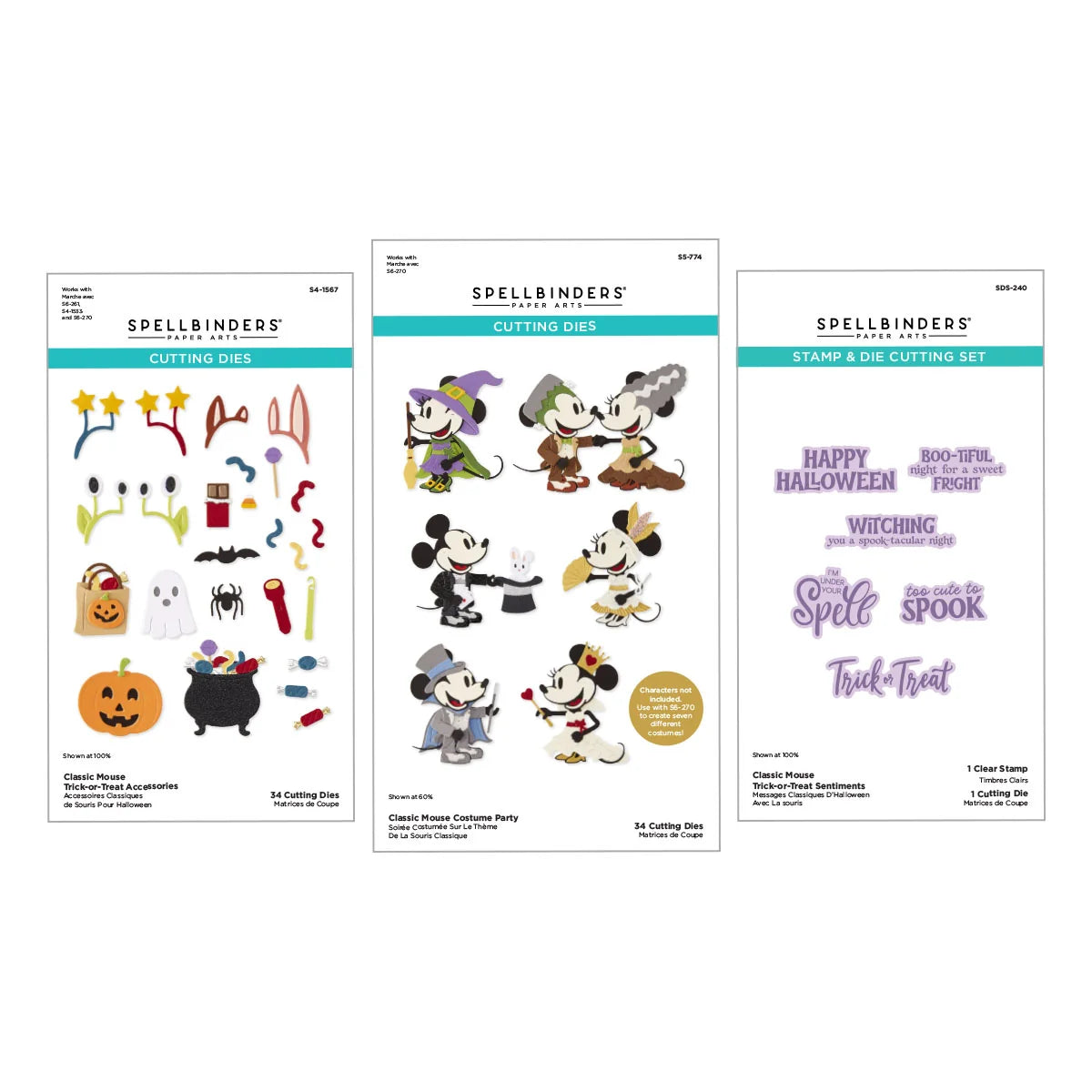 Three Spellbinders Classic Mouse Party Halloween-themed crafting sets shown side by side on a white background, including cutting dies, stamp & die cutting set, and stamp & die stamping set.