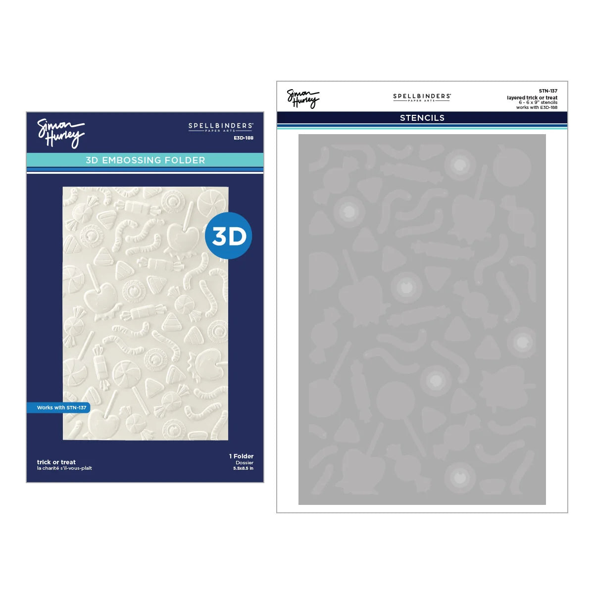 Spellbinders 3D Embossing Folder and Stencils kit by Susan Hughes, featuring a navy blue 3D embossing folder with a textured cream insert and a sheet of matching embossed stencils.