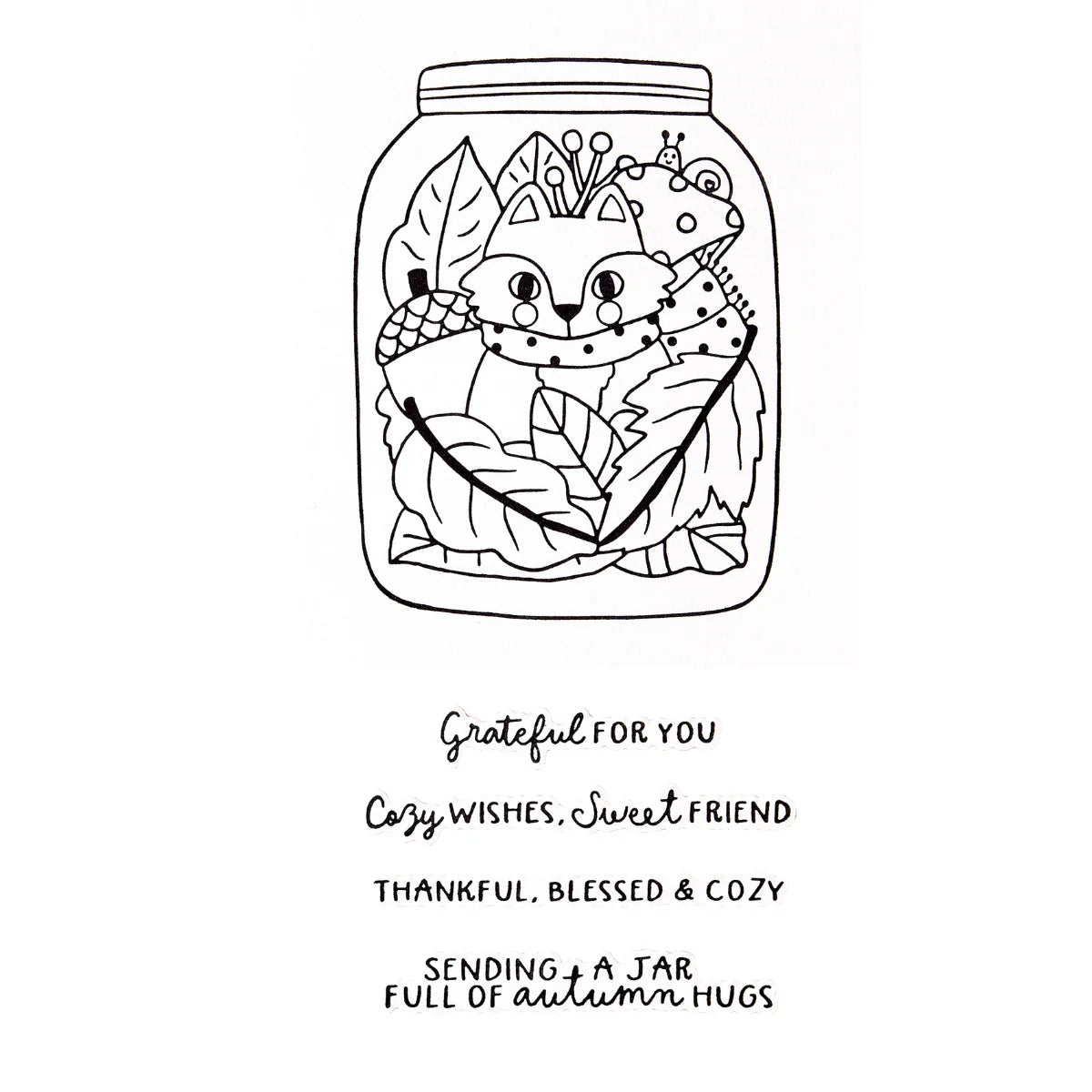 mason jar with fox and leaves and autumn sentiments