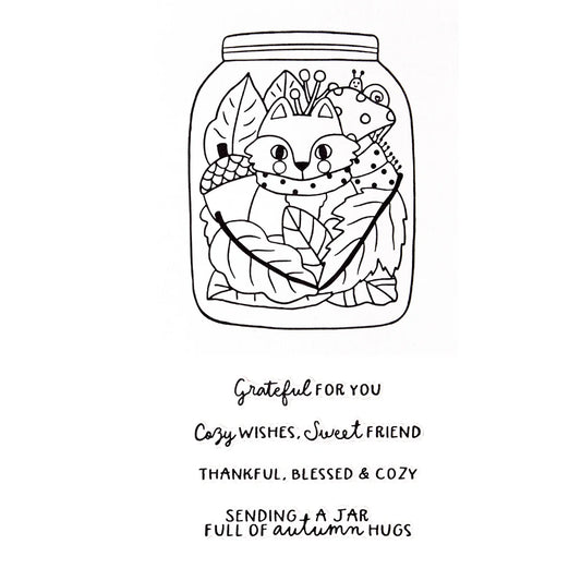 mason jar with fox and leaves and autumn sentiments