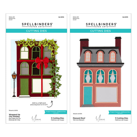 Two Spellbinders Cutting Dies product cards shown side by side on a white background. The left card shows a 'Wrapped Up City Holiday' design with a red and green storefront and green ivy with a red bow.