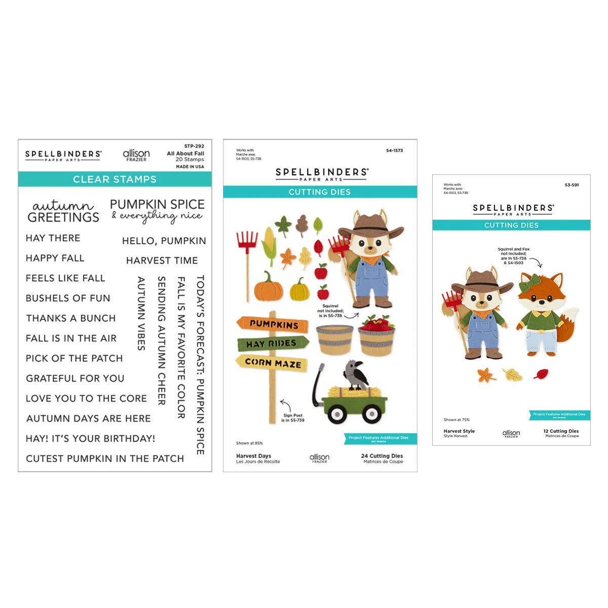 Three Spellbinders Make-Away crafting kits for Fall Harvest displayed on a white background: Clear Stamps, Cutting Dies, and Scrapbook Papers. The packaging features autumn-themed illustrations of a harvest fox, pumpkins, a corn maze signpost, and a cat in a wagon.