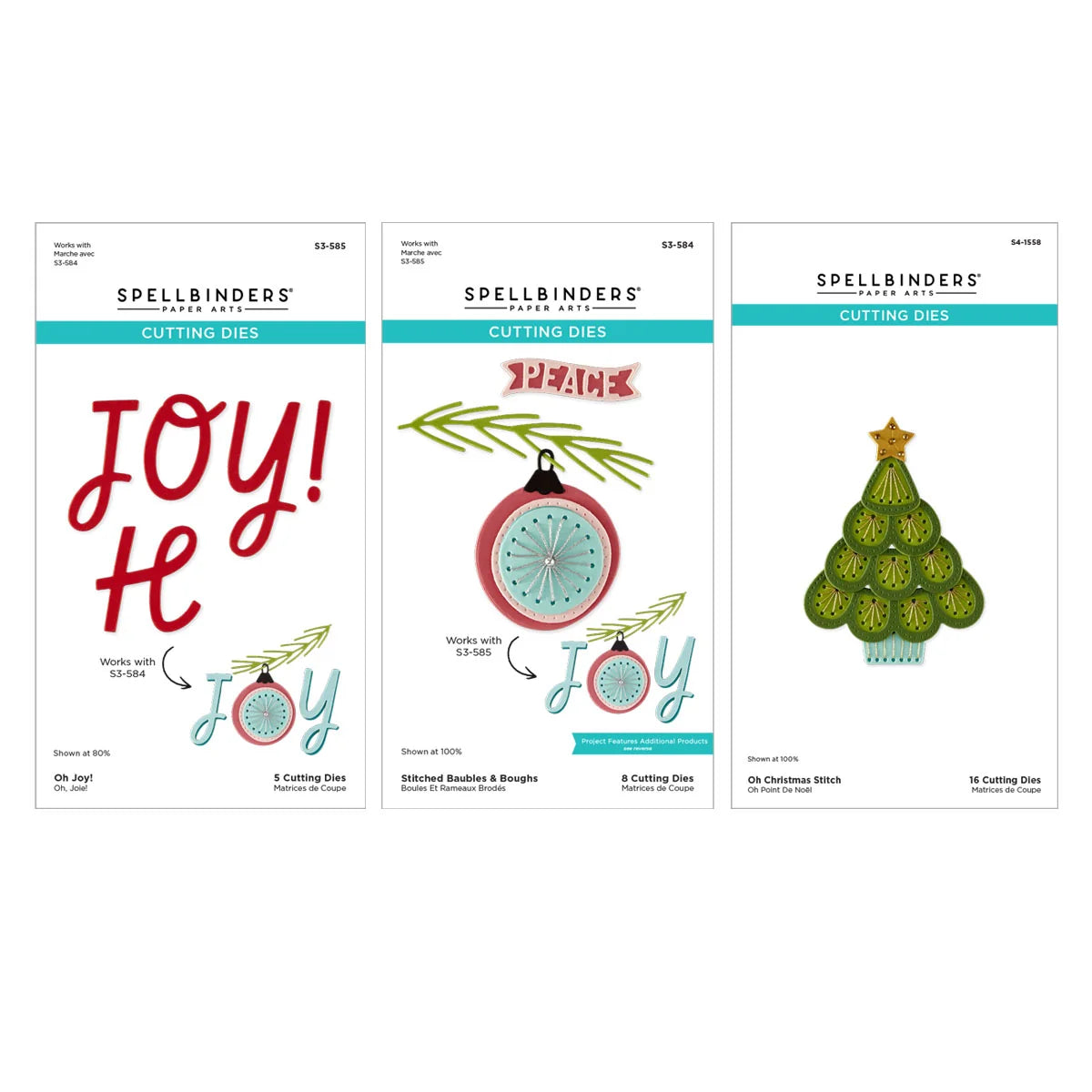 Three Spellbinders Cutting Dies product cards arranged side by side on a white background, showing festive designs including red 'Joy! H' lettering, a red ornament with green pine branches, and a green Christmas tree.
