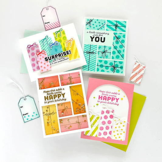 Collection of colorful greeting cards with various designs on a white background