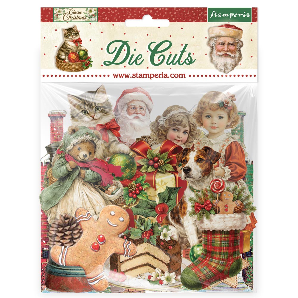 Package of Stamperia Christmas die cuts featuring Santa Claus, children, animals, and gingerbread man.