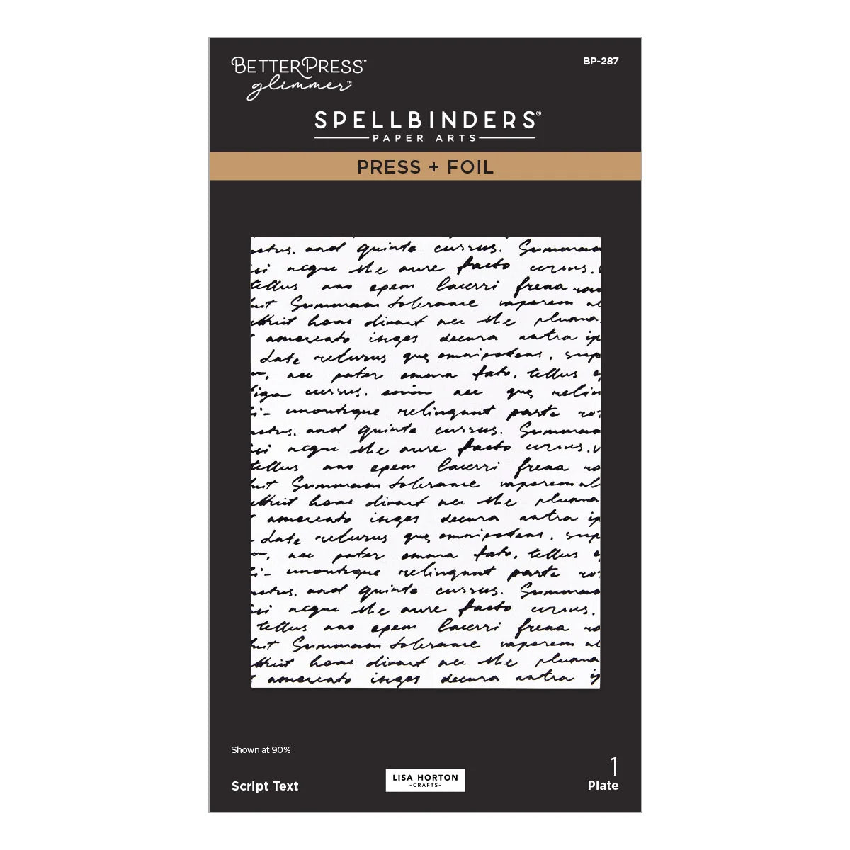 Spellbinders Paper Arts Press + Foil sheet from Better Press Glennies, featuring a black card with a sample of cursive script text on a white background.