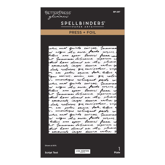 Spellbinders Paper Arts Press + Foil sheet from Better Press Glennies, featuring a black card with a sample of cursive script text on a white background.