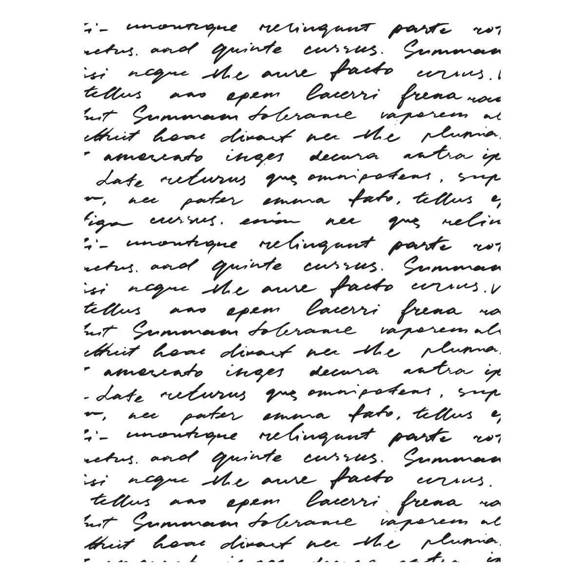 A square white card featuring elegant, dark gray cursive handwriting, presented on a clean white background from Spellbinders script text betterpress plate.