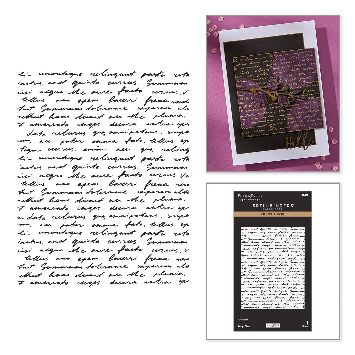An image of white paper with dense black cursive handwriting from a betterpress plate, shown alongside a smaller inset of a book or booklet cover featuring a purple background from Spellbinders