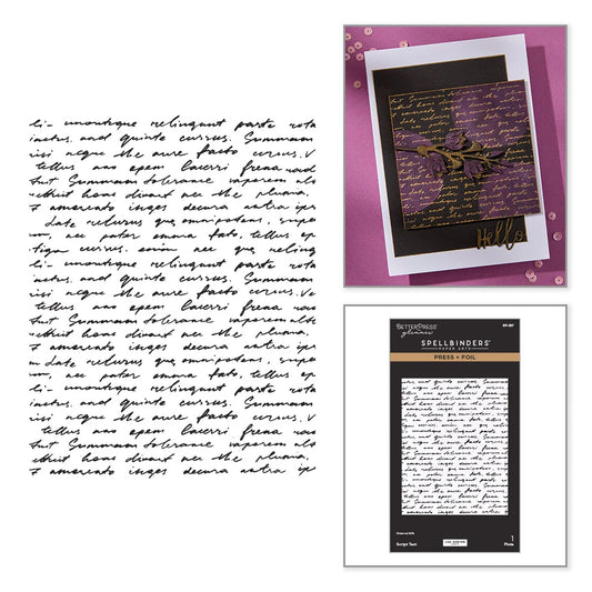 An image of white paper with dense black cursive handwriting from a betterpress plate, shown alongside a smaller inset of a book or booklet cover featuring a purple background from Spellbinders