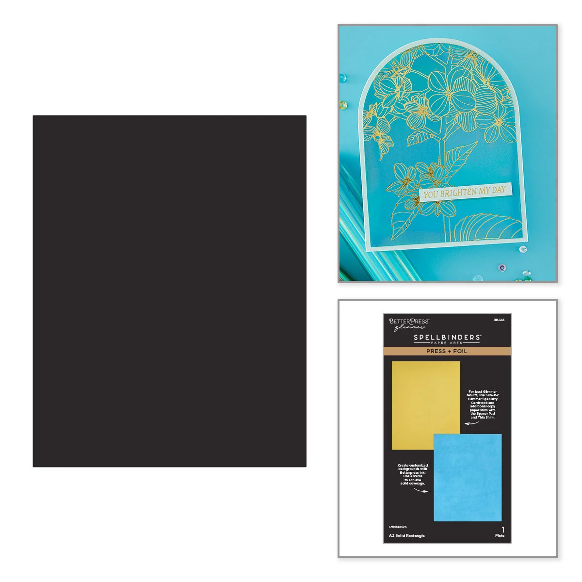 Spellbinders solid rectangle press plate with a turquoise and gold arch card sample and the package of the item.