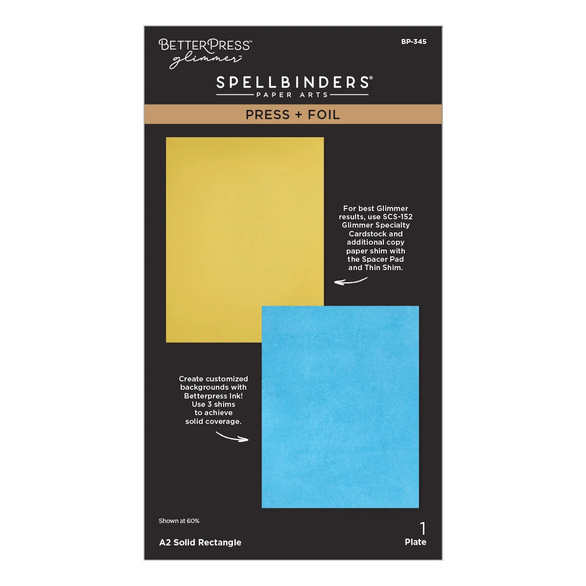 Better Dress Glimmer Spellbinders Paper Arts Press + Foil Az Solid Rectangle plate in a black package with a gold and blue color sample.