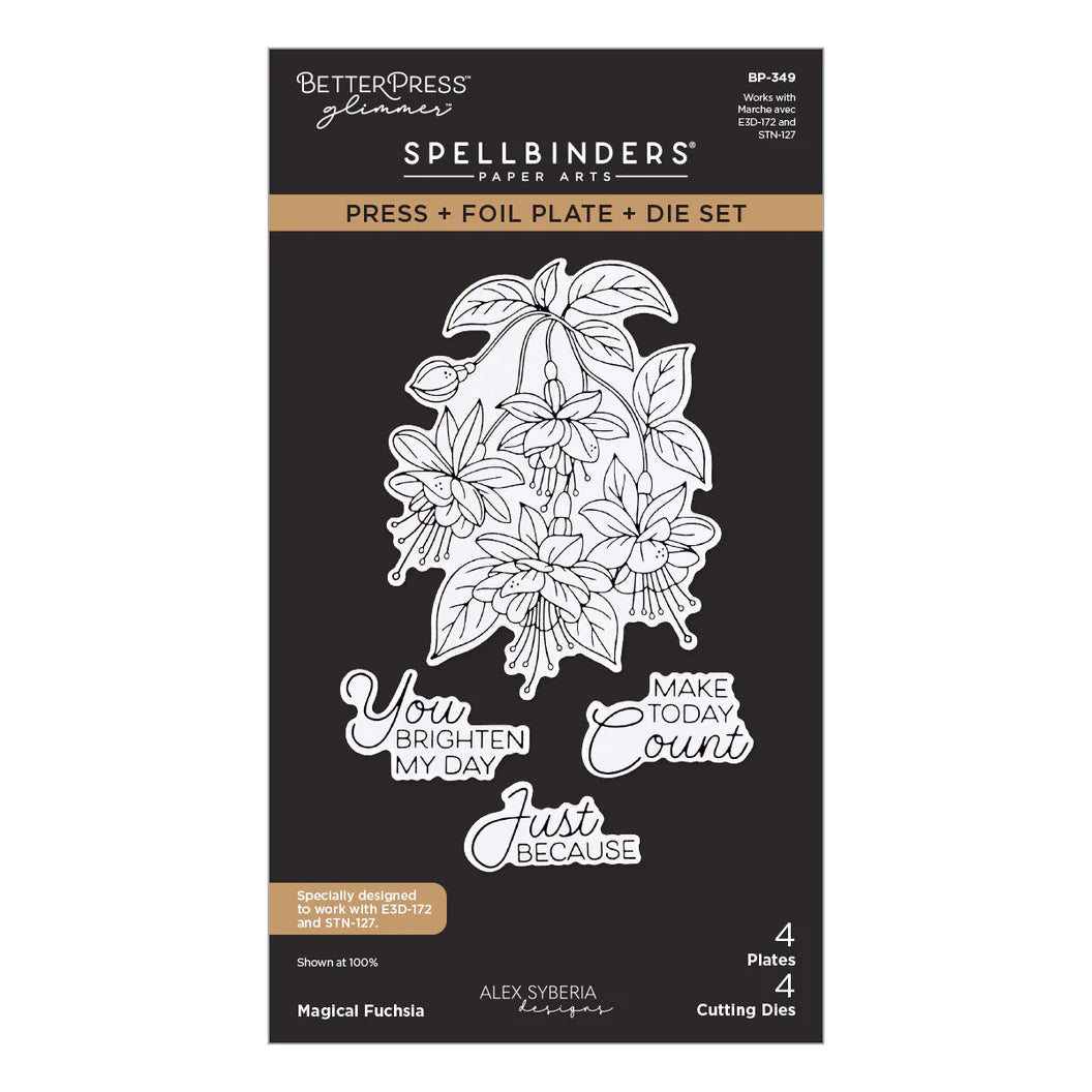 Spellbinders die set packaging with fuchsia betterpress design and text on a black background