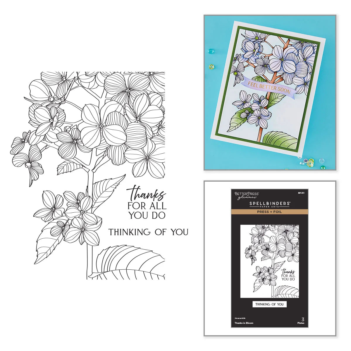 A floral craft product set shown on a white background: a black-and-white line-art floral stamp design with the text 'thanks for all you do THINKING OF YOU,' a handmade card featuring matching purple flowers and green leaves on a turquoise background, and the Spellbinders Stamper Scapelli Clear Stamp package.