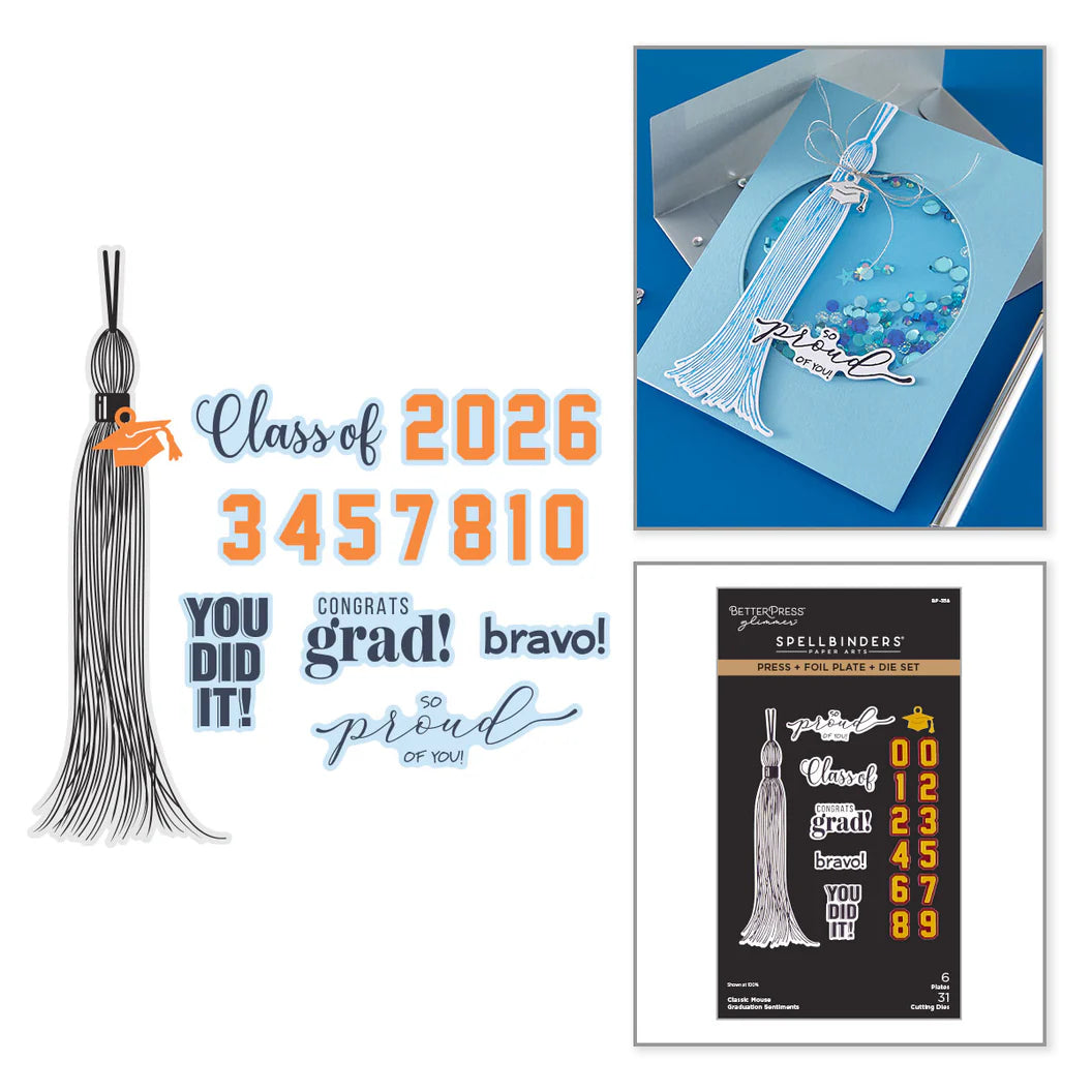 Graduation-themed items including a tassel, card with text, and stamp set on a white background.