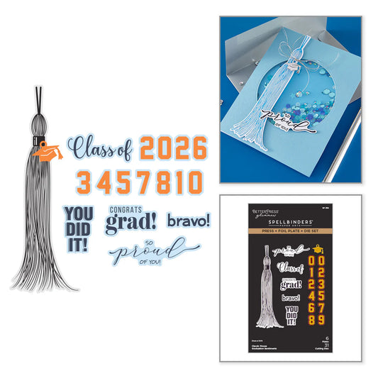 Graduation-themed items including a tassel, card with text, and stamp set on a white background.