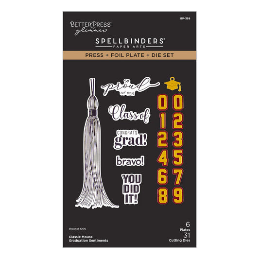 Spellbinders paper arts product packaging with graduation-themed designs on a white background