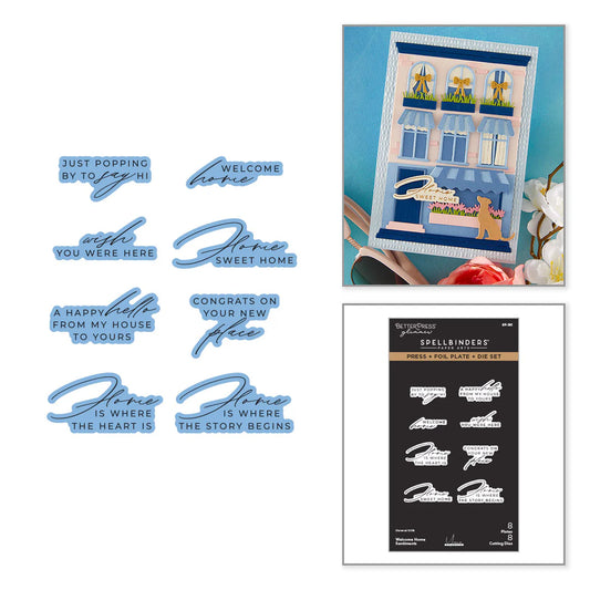 Set of decorative phrases and a die-cut kit on a white background for betterpress