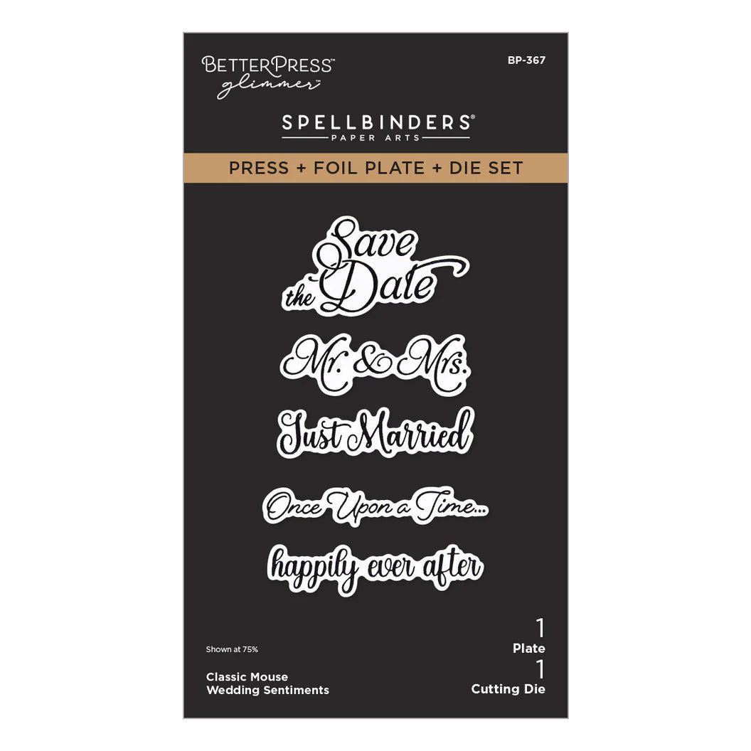 Spellbinders paper art set with text phrases on a black background